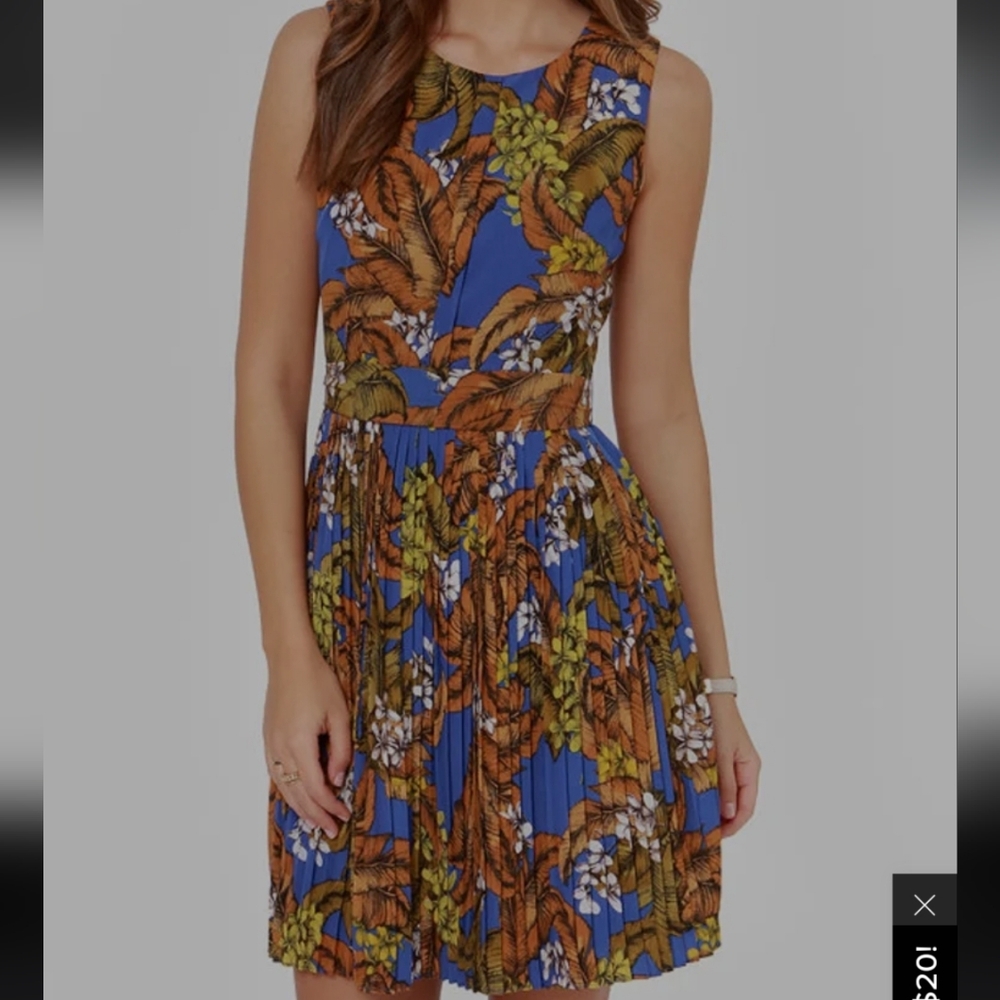 Darling Selena Blue Brown Sleeveless Belted Accordion Pleat Floral Dress NWT LG